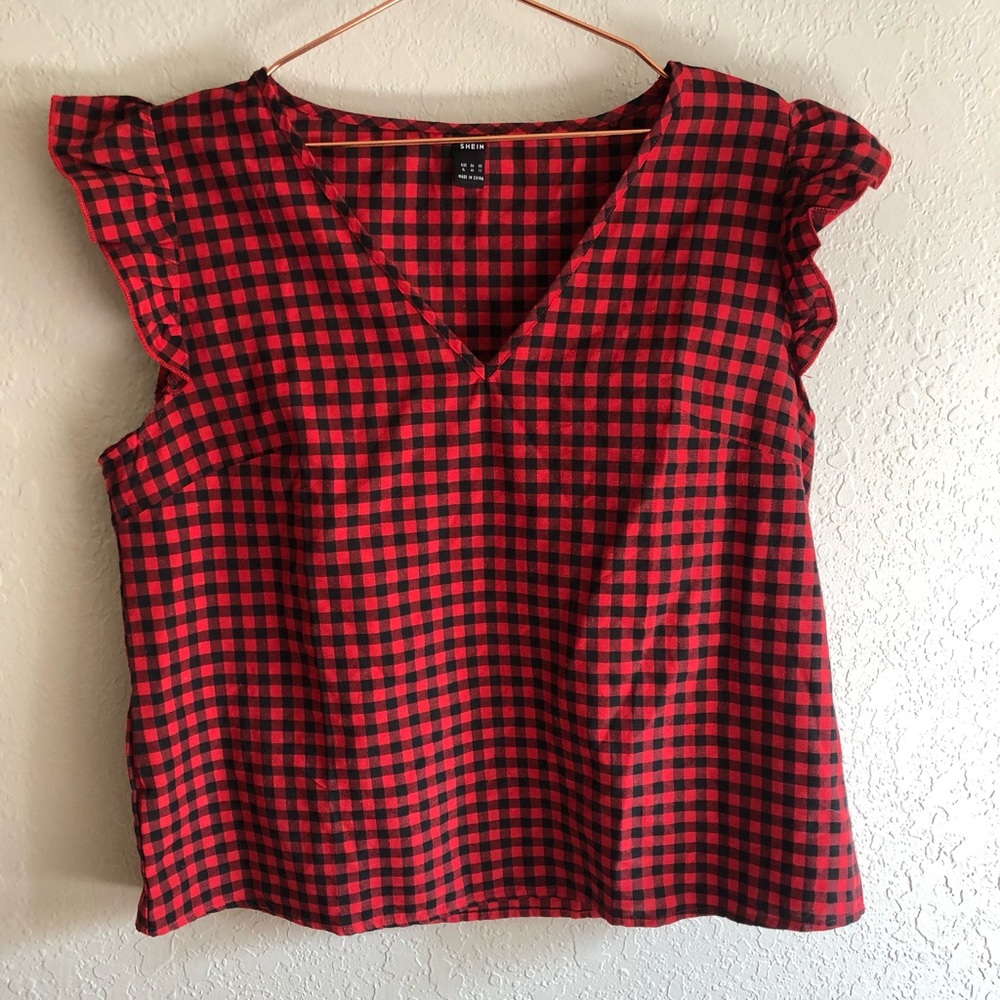 Shein red and black checkered top